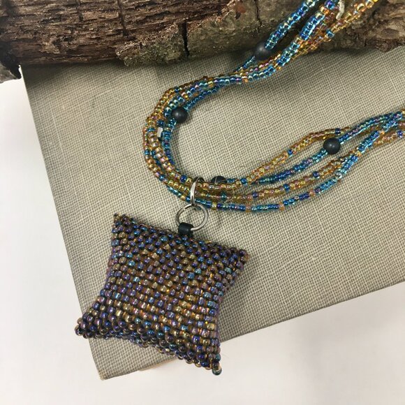 Handmade Iridescent Square Seed Bead Pouch Multi-Strand Matte Hematite Necklace - Picture 2 of 16